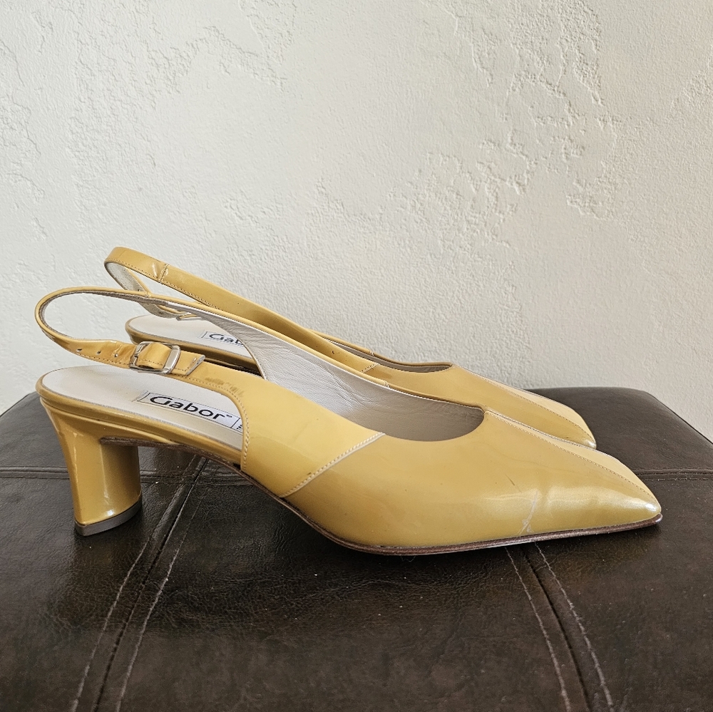 Gabor Patent Leather Y2K Maximalist‎ Square Toe Yellow Slingback Heels Sz 7